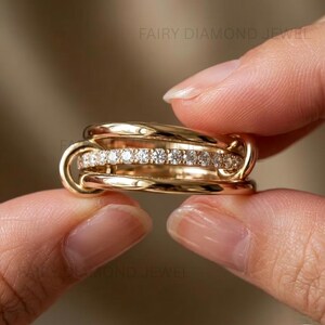 14k Solid Gold Multi Link Ring Set, Handmade Stacking Connected Eternity Band Ring