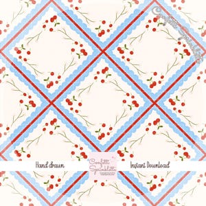 May include: A repeating pattern featuring red cherries on delicate stems, set against a cream background. The design incorporates red and light blue diagonal lines, creating a grid-like structure. The words "Hand drawn" and "Instant Download" are also visible.
