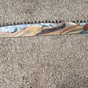 Vtg Two Man Crosscut Saw Folk Art Painted Scene Railroad Train Signed