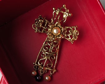 Vintage Christian Lacroix Large Sculpted Golden Cross Brooch