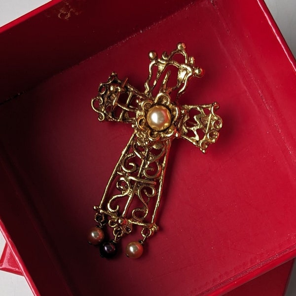 Vintage Christian Lacroix Large Sculpted Golden Cross Brooch