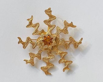 Vintage YVES SAINT LAURENT Gold Sunburst Brooch-Pendant With Faceted Crystal Topaze