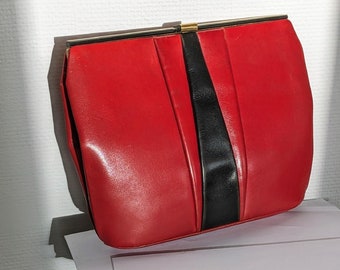 Vintage Clutch in Red and Black Leather Golden Metal Hardware