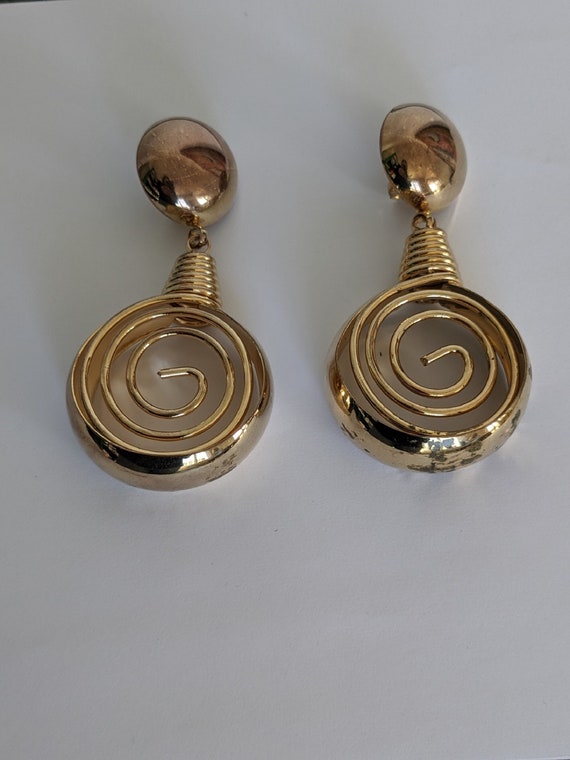 Vintage Geometric Drop Earrings   Golden Hoop Ear… - image 2