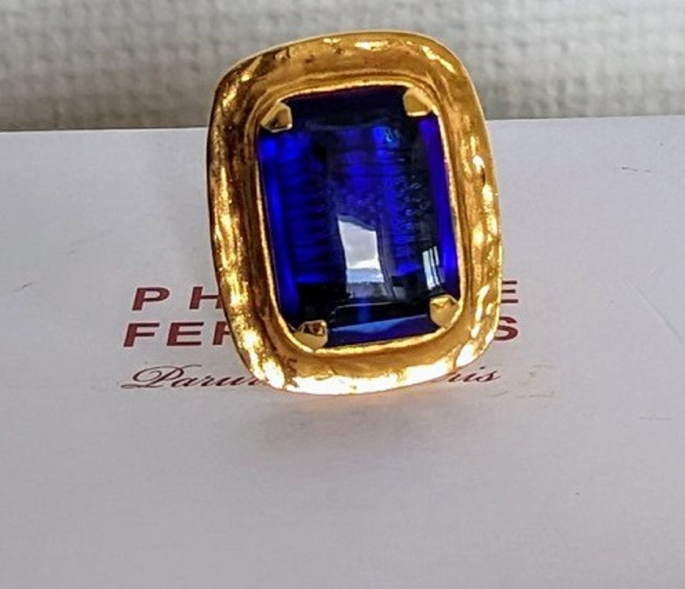 Bague Philippe Ferrandis en plaque or et verre bleu Etsy France
