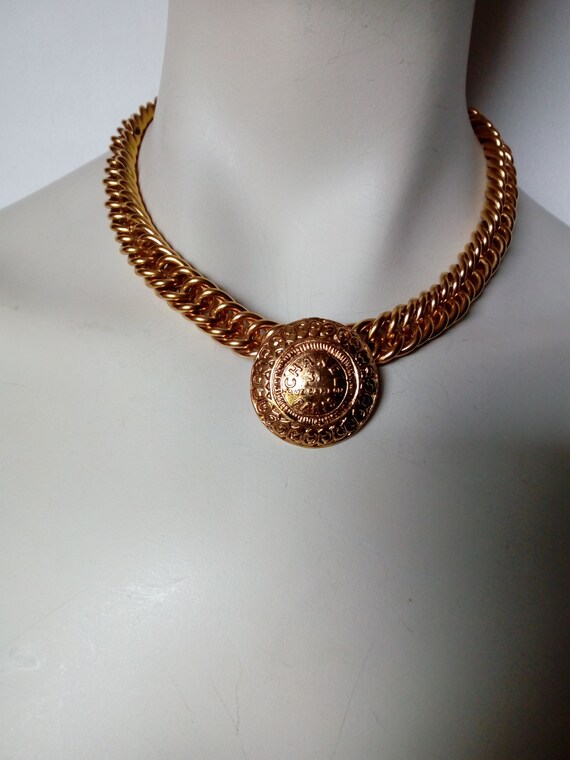 Vintage CHANEL Quilted Cut Out Plate Double Chain Necklace 