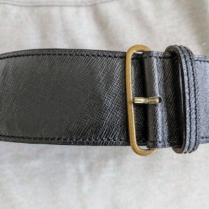90s   ALAÏA Wide Black Leather Belt    Vintage Gold Buckle Belt  Pleated Look