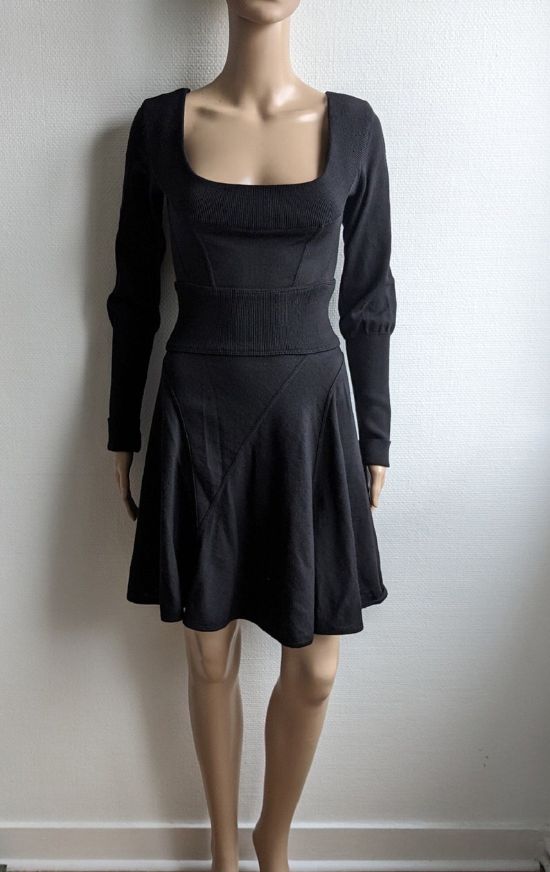 Vintage 80s AZZEDINE ALAÏA Black Wool Dress Alaïa Mini Skater Long Sleeves Dress image 1