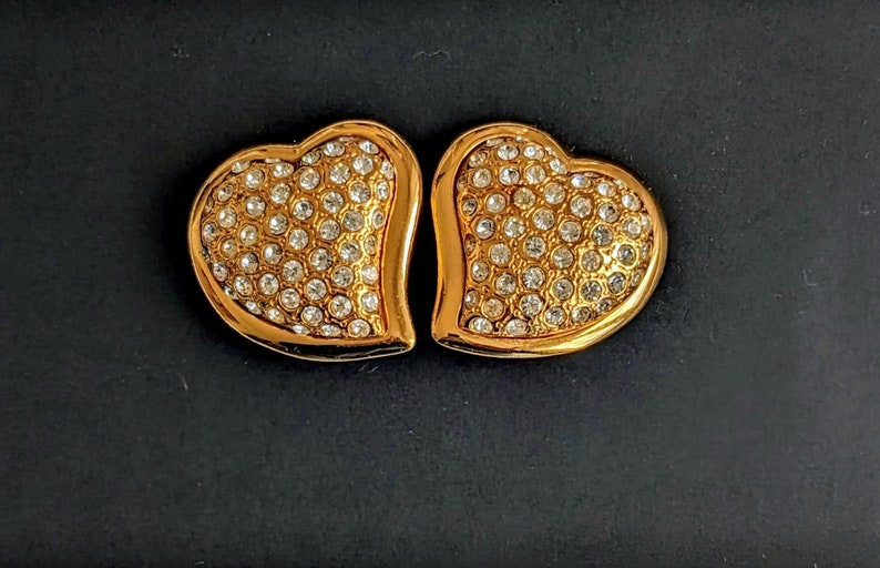 Vintage Yves Saint Laurent Heart Earrings YSL Gold Pleated and Crystal Rhinestones Clip-on Earrings A heart for Valentine's Day image 8