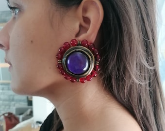 EMANUEL UNGARO Paris Vintage Haute Couture Round Earrings Purple Glass Cabochon Embellished With Red Beads