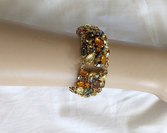 Rare LANVIN Articulated Bracelet Golden Ribbon Embellished with Orange, Blue-Grey And Bronze Stones Vintage Jewelry