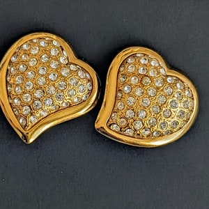 Vintage Yves Saint Laurent Heart Earrings YSL Gold Pleated and Crystal Rhinestones Clip-on Earrings A heart for Valentine's Day image 6