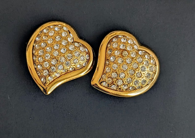 Vintage Yves Saint Laurent Heart Earrings YSL Gold Pleated and Crystal Rhinestones Clip-on Earrings A heart for Valentine's Day image 6