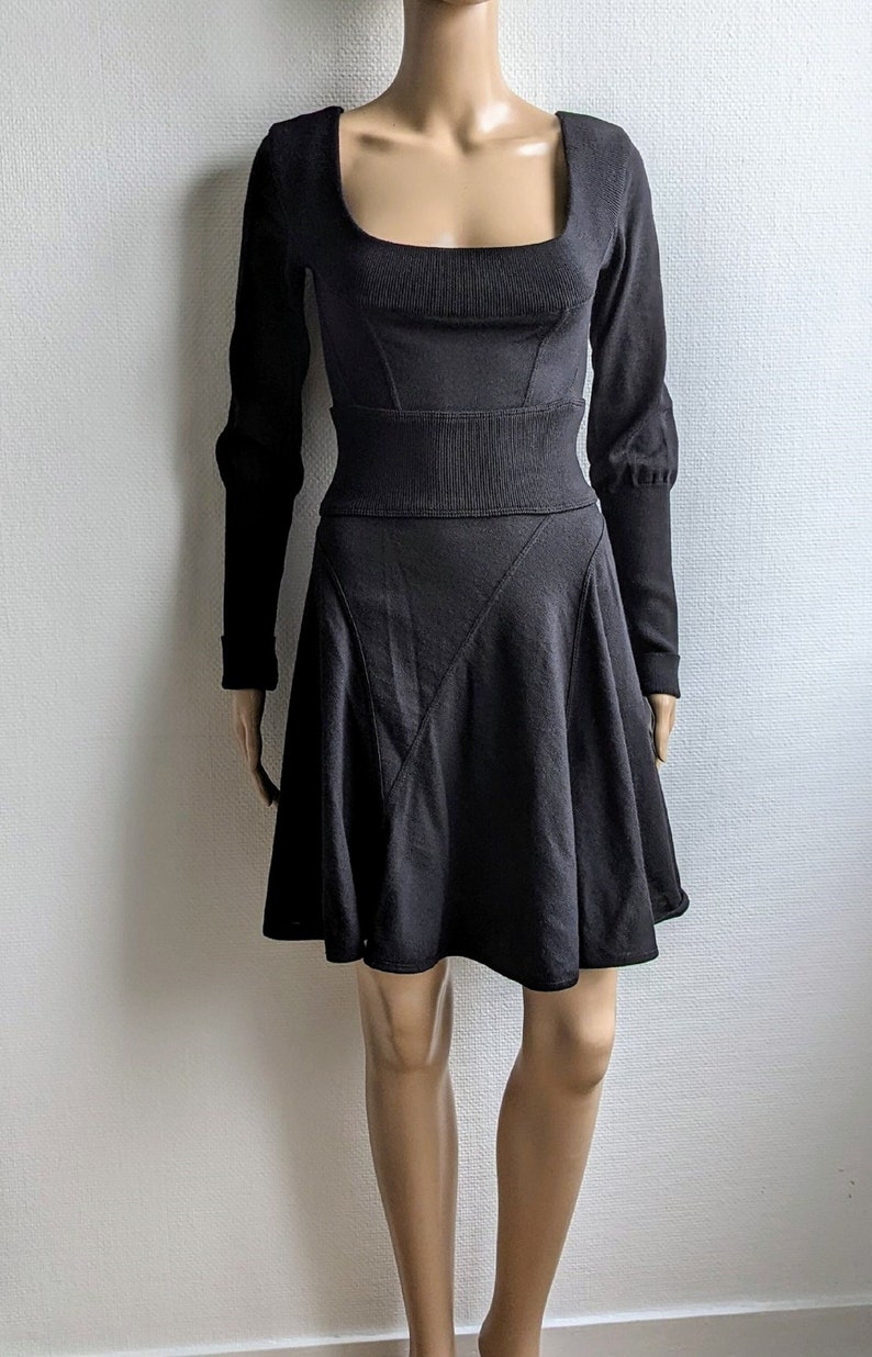 Vintage 80s AZZEDINE ALAÏA Black Wool Dress Alaïa Mini Skater Long Sleeves Dress image 8