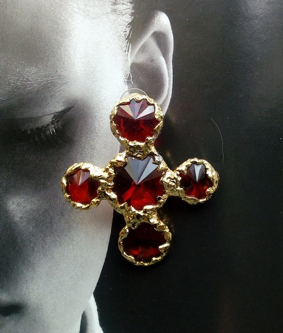 Vintage CHRISTIAN LACROIX Cross Earrings Red and