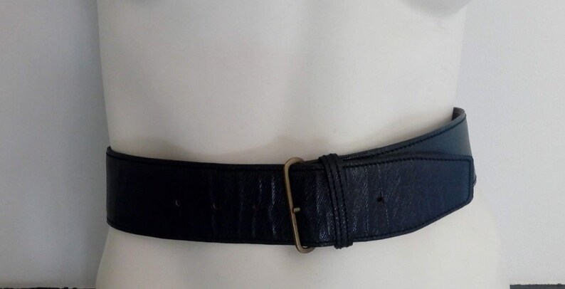 90s   Wide Black Leather Belt ALA\u00cfA   Vintage Gold Buckle Belt  Pleated Look