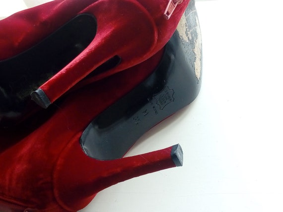 Vintage YVES SAINT LAURENT Red Velvet Ankle Boots Ysl Pointed Toe