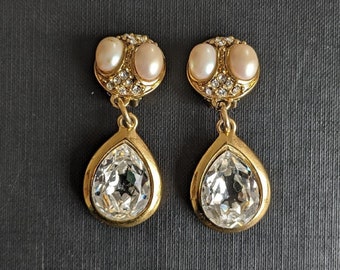 Vintage Guy Laroche Teardrop Statement Earrings Pearl And Rhinestones Golden Drop Earrings   Gift for Her