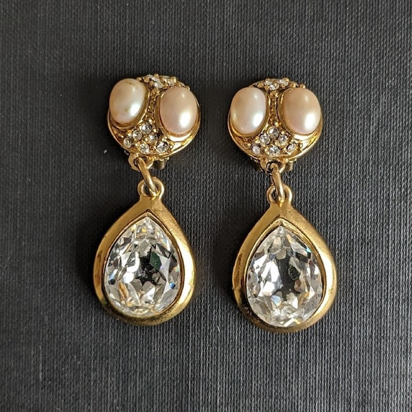 Vintage Guy Laroche Teardrop Statement Earrings Pearl And Rhinestones Golden Drop Earrings   Gift for Her