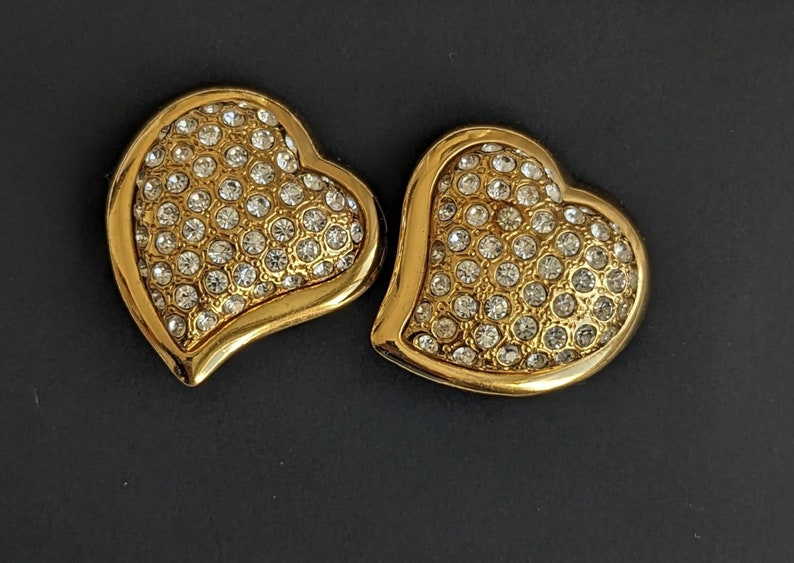 Vintage Yves Saint Laurent Heart Earrings YSL Gold Pleated and Crystal Rhinestones Clip-on Earrings A heart for Valentine's Day image 1