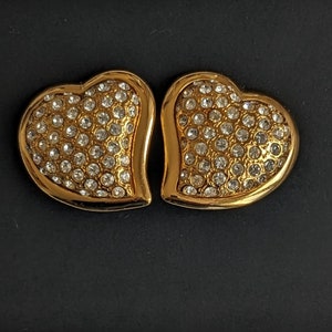 Vintage Yves Saint Laurent Heart Earrings YSL Gold Pleated and Crystal Rhinestones Clip-on Earrings A heart for Valentine's Day image 2