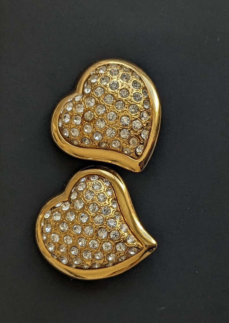 Vintage Yves Saint Laurent Heart Earrings YSL Gold Pleated and Crystal Rhinestones Clip-on Earrings A heart for Valentine's Day image 3