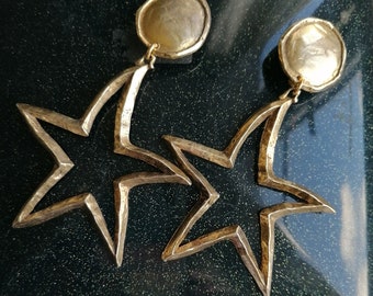 Orecchini pendenti vintage EDOUARD RAMBAUD PARIS placcati in oro, grandi orecchini pendenti a stella, designer di gioielli degli anni '80