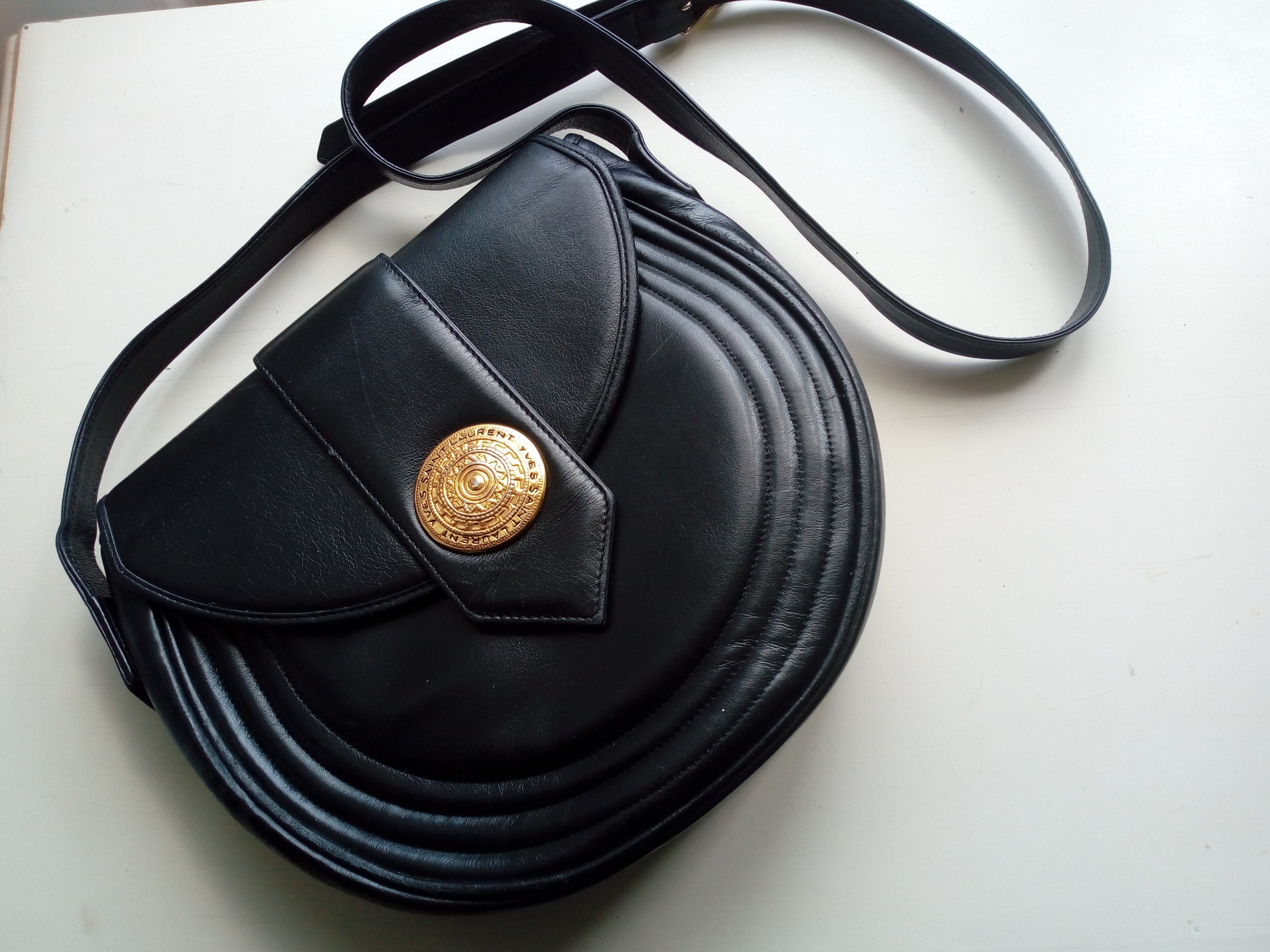 YVES SAINT LAURENT Clutch Bag Handbag Black Leather YSL Arabesque