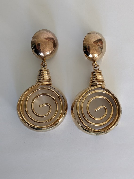 Vintage Geometric Drop Earrings   Golden Hoop Ear… - image 1