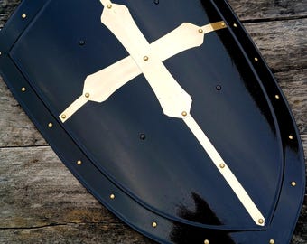 Personalized Medieval Knight Shield: Brass Cross, 18 Gauge Steel, Crusader Replica