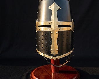 Personalized Medieval Templar Knight Helmet, Steel Brass Helm
