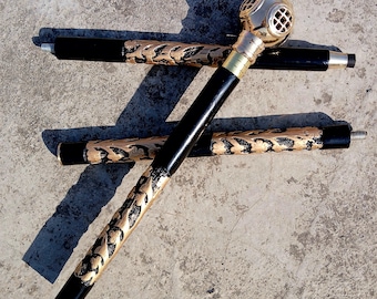 Bastón decorativo de lujo personalizado en negro y dorado con diseño floral / Bastón plegable de tres hojas