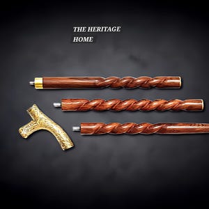 Handmade Twisted Wood Walking Stick with Brass Handle | Detachable Artisan Carved Walking Cane | Unique Gentleman&#39;s Gift