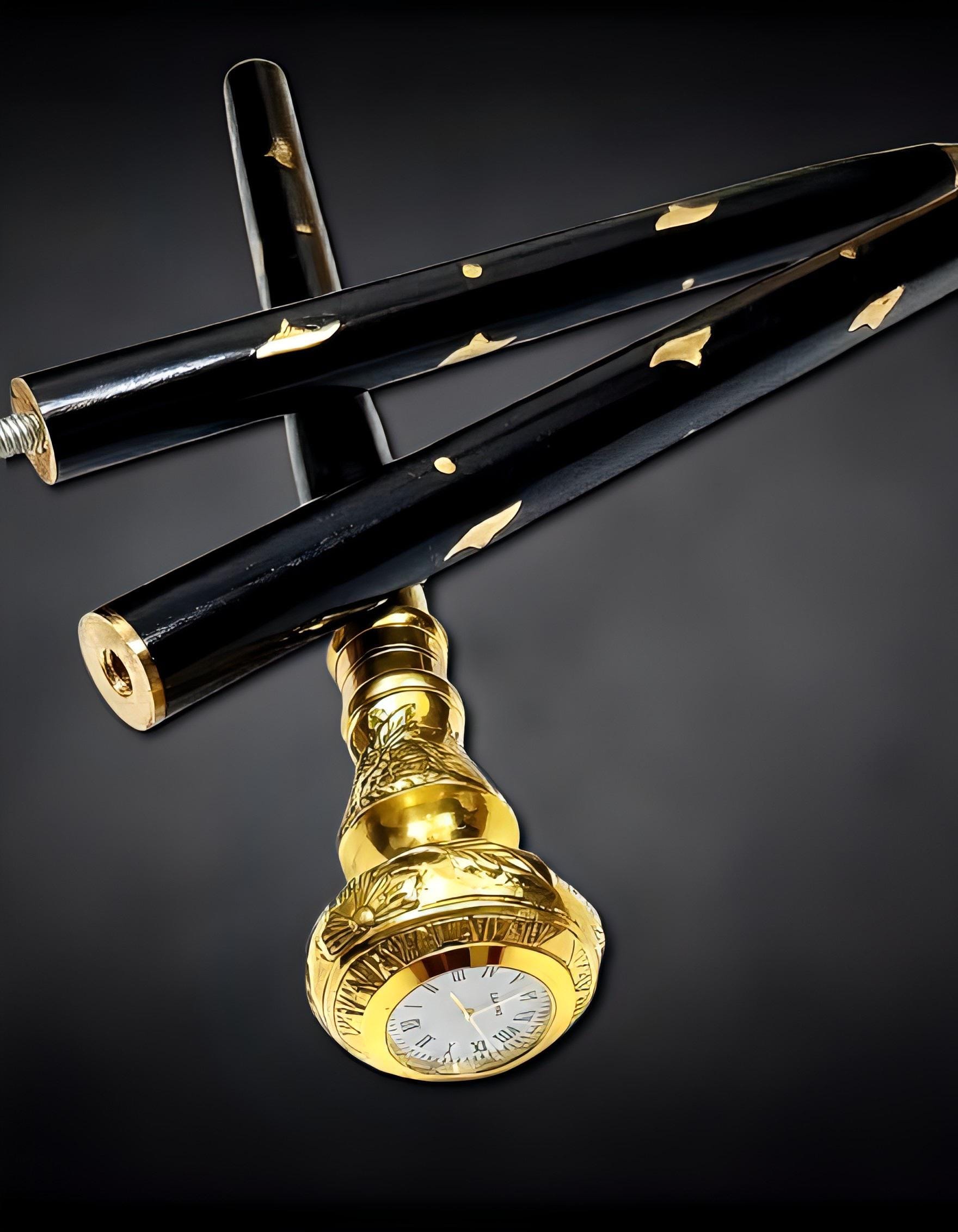 Personalized Handcrafted Wooden Walking Stick – Vintage Brass Clock ...