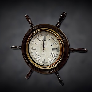 Nautical Ship Wheel Wall Clock | Vintage Maritime Brass & Wood Decor | Pirate Boat Steering Wheel Clock | Coastal Beach House Wall Art