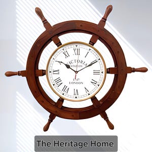 Nautical Wall Clock Ship Wheel | Vintage Victoria Station Clock | Rustic Wooden Wall Decor | Coastal Beach House Clock | Maritime Home Gift