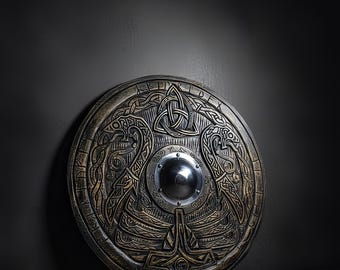 Gepersonaliseerde Vikingschild-muurdecoratie: Noorse runen, houten krijgerkunst 24 inch