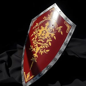 Personalized Medieval Knight Shield, Red Gold Heraldic Steel Wall Decor image 1