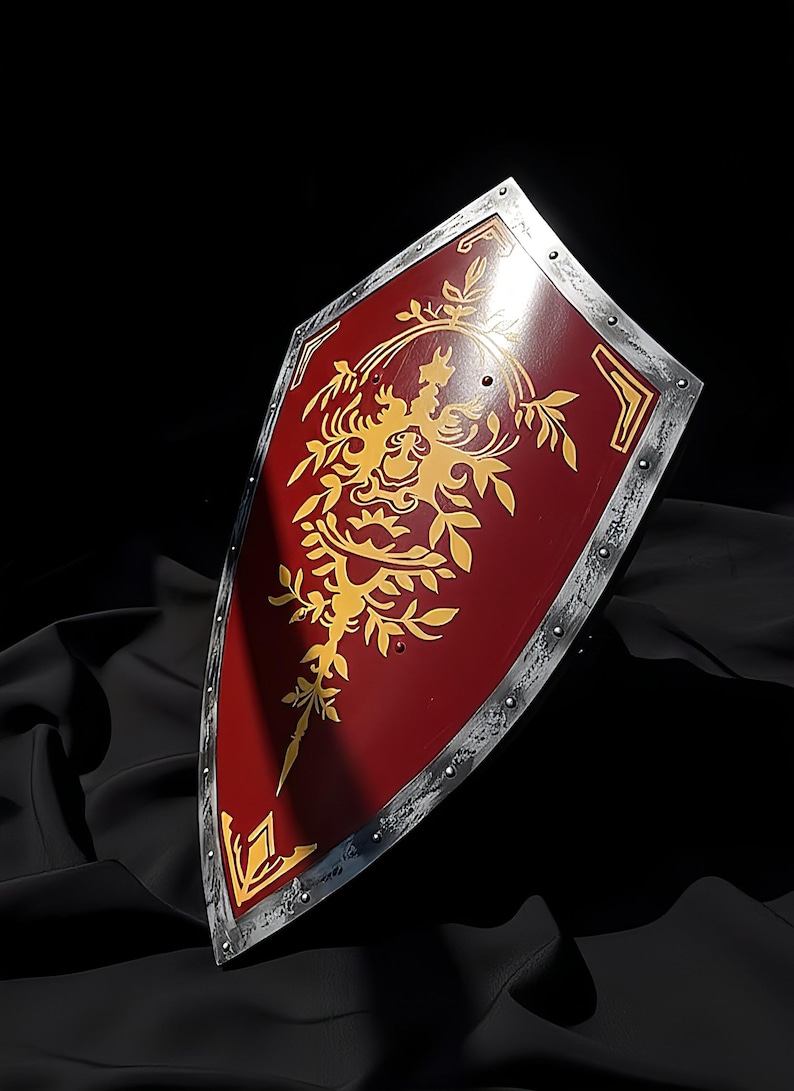 Personalized Medieval Knight Shield, Red Gold Heraldic Steel Wall Decor image 1