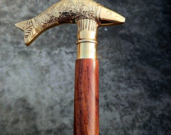 Personalized Handmade Brass Fish Head Walking Cane - Nautical Style Wooden Stick