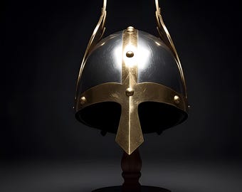 Personalized Viking Helmet with Nose Guard: Medieval Norse Armor, Brass Trim
