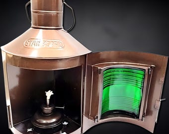 Lanterna di dritta nautica antica personalizzata, lampada da nave in ottone con decorazioni marittime in vetro verde