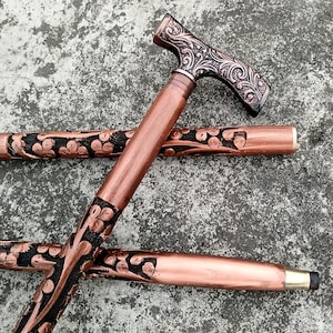 Personalized Handcrafted Floral Craved  Wooden Walking Cane – Brass Handle,Unique Collectible Gift –36 Inch