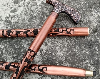 Personalized Handcrafted Floral Craved  Wooden Walking Cane – Brass Handle,Unique Collectible Gift –36 Inch