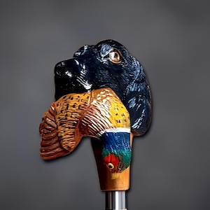 Hand Carved Dog Head Walking Cane: Wooden Hunting Stick with Pheasant