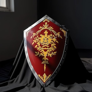 Personalized Medieval Knight Shield, Red Gold Heraldic Steel Wall Decor image 2