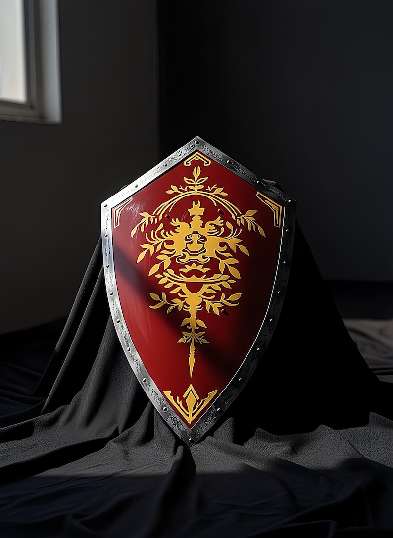Personalized Medieval Knight Shield, Red Gold Heraldic Steel Wall Decor image 2