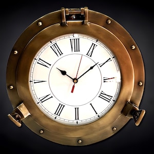 Nautical Porthole Wall Clock Brass Maritime Decor | Vintage Roman Numeral Ship Clock | Coastal Beach House Wall Art | Steampunk Industrial