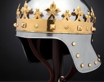 Personalized Medieval Crown Knight Helmet: 18 Gauge Steel, Brass Accent - LARP Cosplay