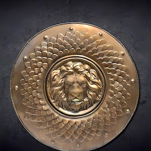 Medieval Lion Shield | Viking Round Shield Replica | Handcrafted Metal Shield with Lion Head | LARP Armor, Cosplay Prop, Wall Decor